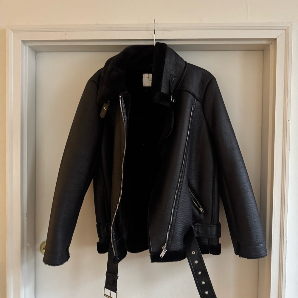 Women’s L Zara Black Faux Leather Bomber Jacket